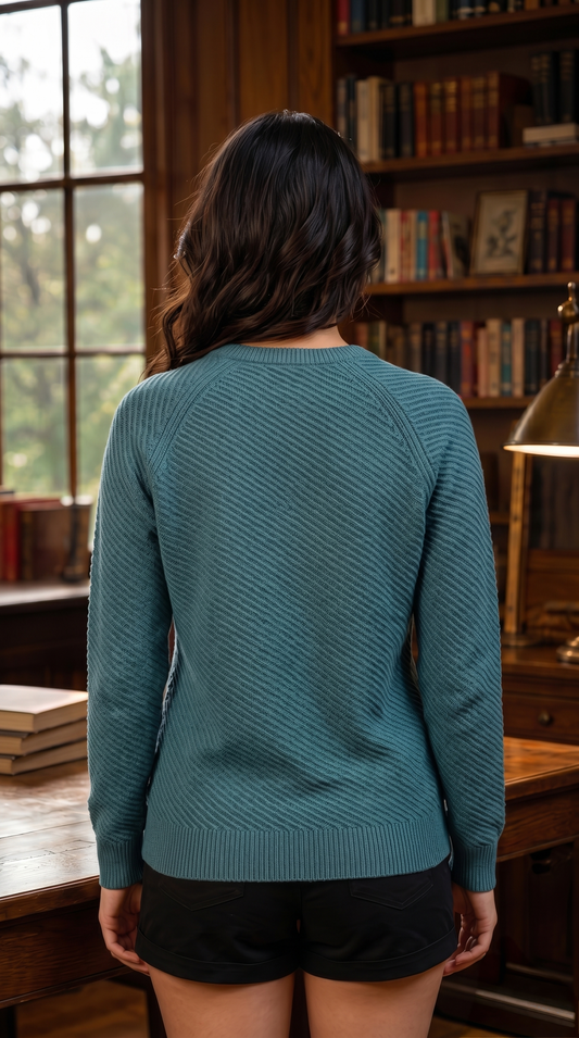 Deep Teal Diagonal-Rib Knitted Sweater