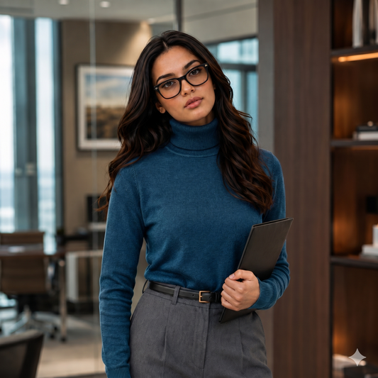 The Every day Cotton Knit Turtle neck Sweater - Teal Blue