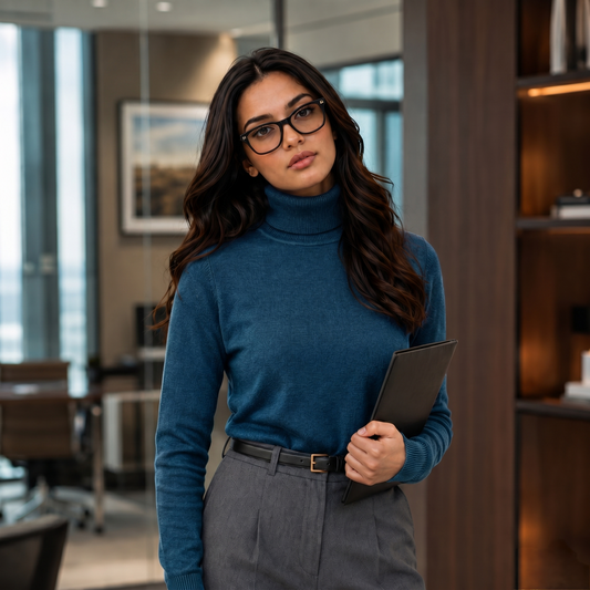 The Every day Cotton Knit Turtle neck Sweater - Teal Blue